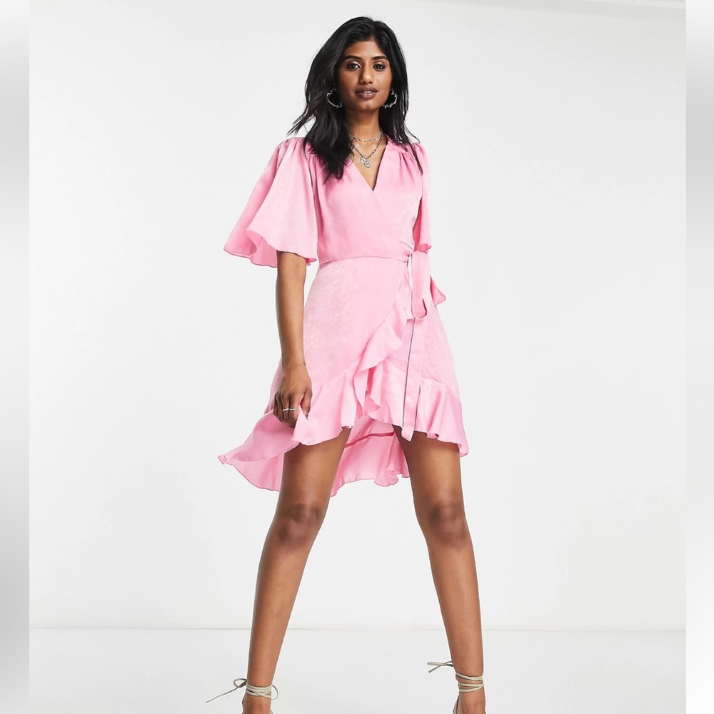 🌸FLOUNCE LONDON PINK SATIN WRAP MINI DRESS WITH FLUTTER SLEEVES 8